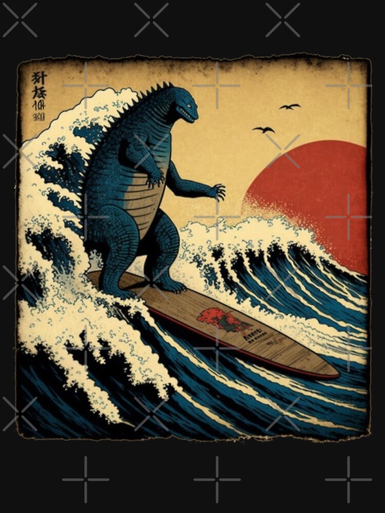Godzilla Surfing The Great Wave by Hokusai Funny Parody by Robert Diebold