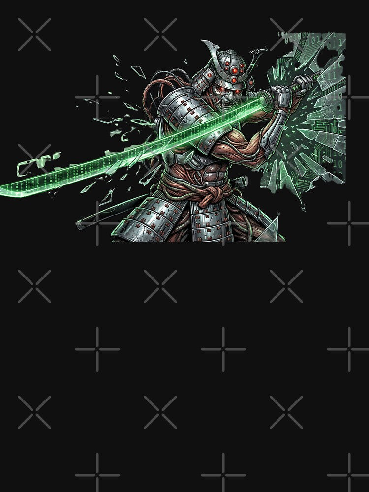 Cyber Samurai – Neon Katana Matrix Warrior T-Shirt by MiracleDroplet
