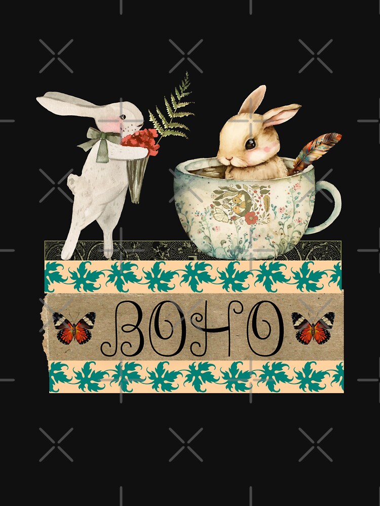 Elegant Boho Rabbit Tea Cup Collage T-Shirt - BOHO by GorinART