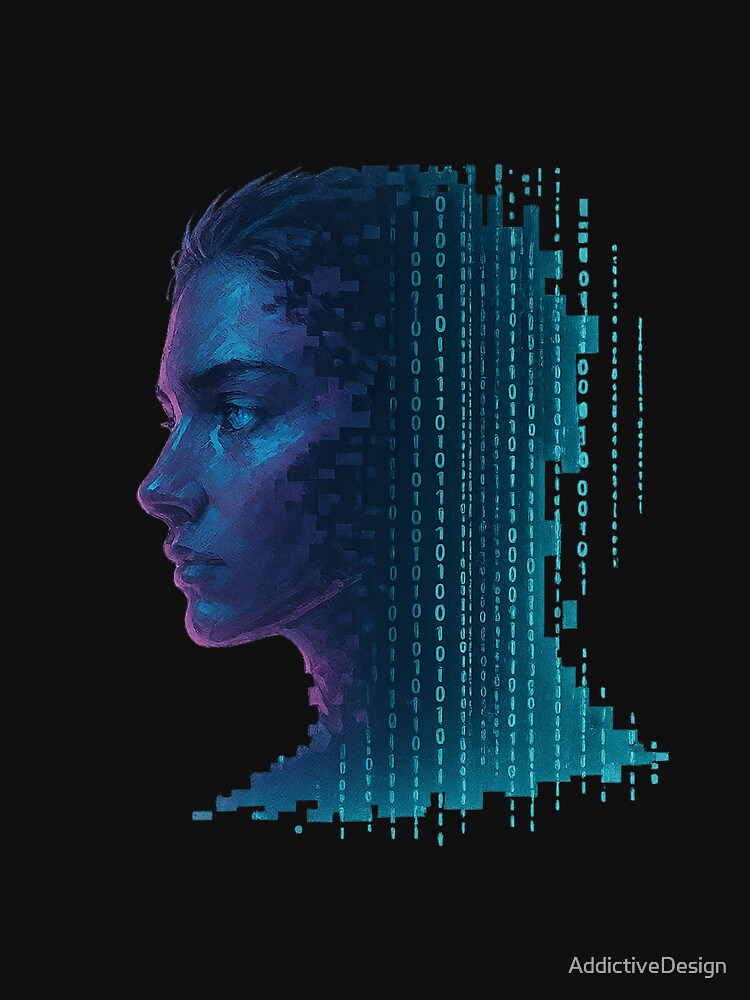 Dissolved Identity – Cyberpunk Pixel-Code Portrait by AddictiveDesign