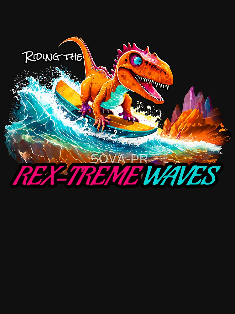 Dinosaur Surfing Funny T-shirt by SOVA-PR