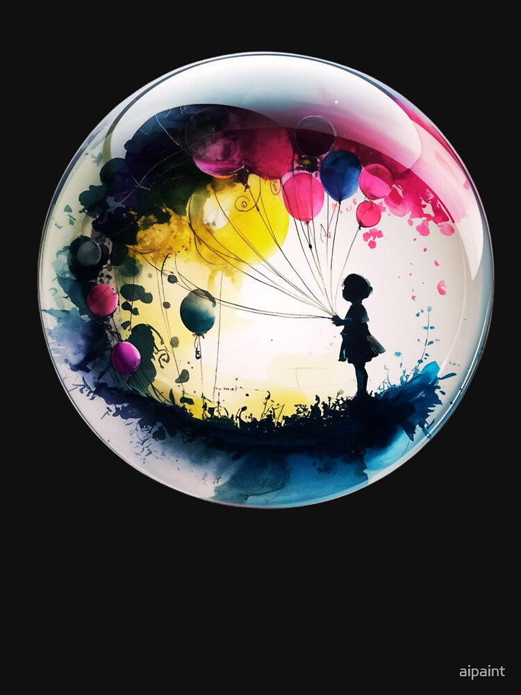 The child is silhouetted against the space, which is filled with balloons by aipaint