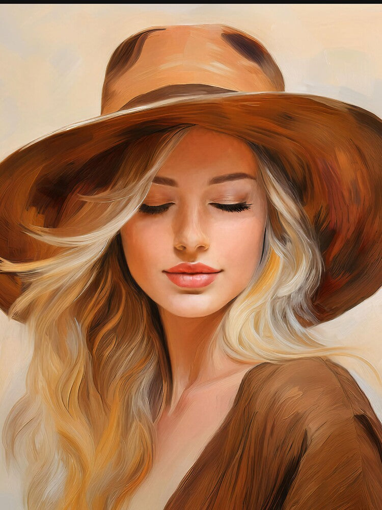 Portrait painting woman with hat beige brown natural by TYA - Take Your Art