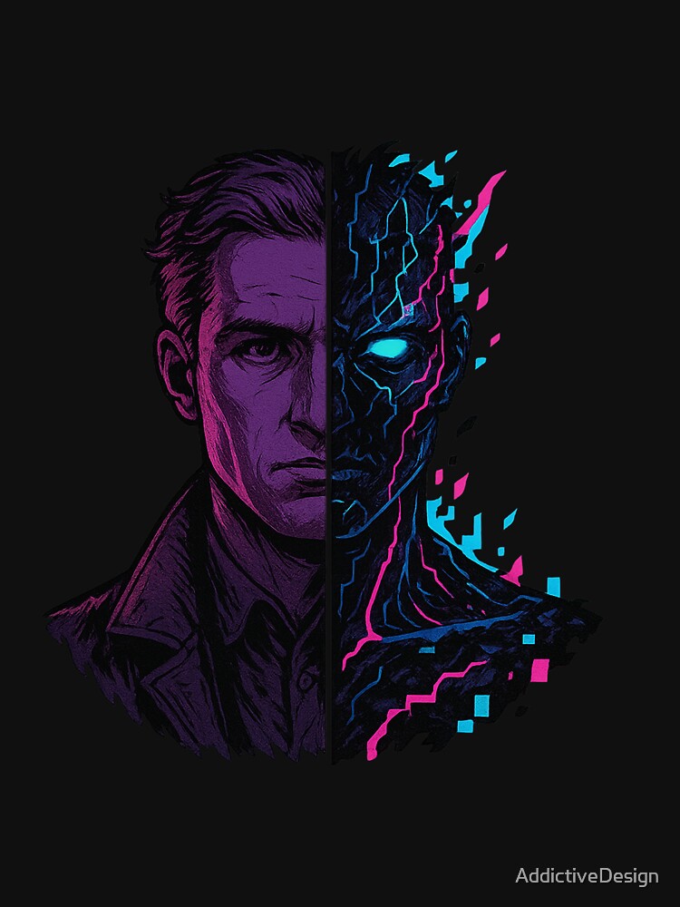 Human vs AI Doppelgänger – Split Cyberpunk Portrait by AddictiveDesign