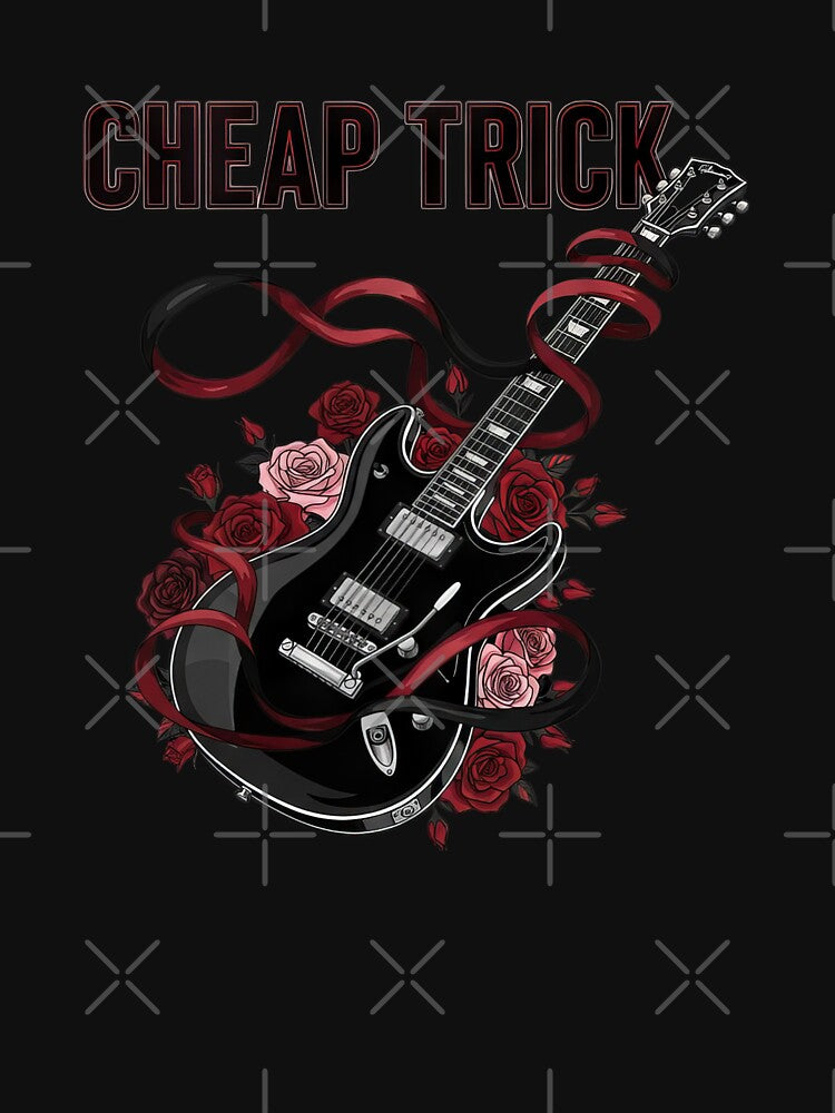 Cool Cheap Trick Typography with Guitar Ribbon and Red Roses #6273 by trusty-ben-art