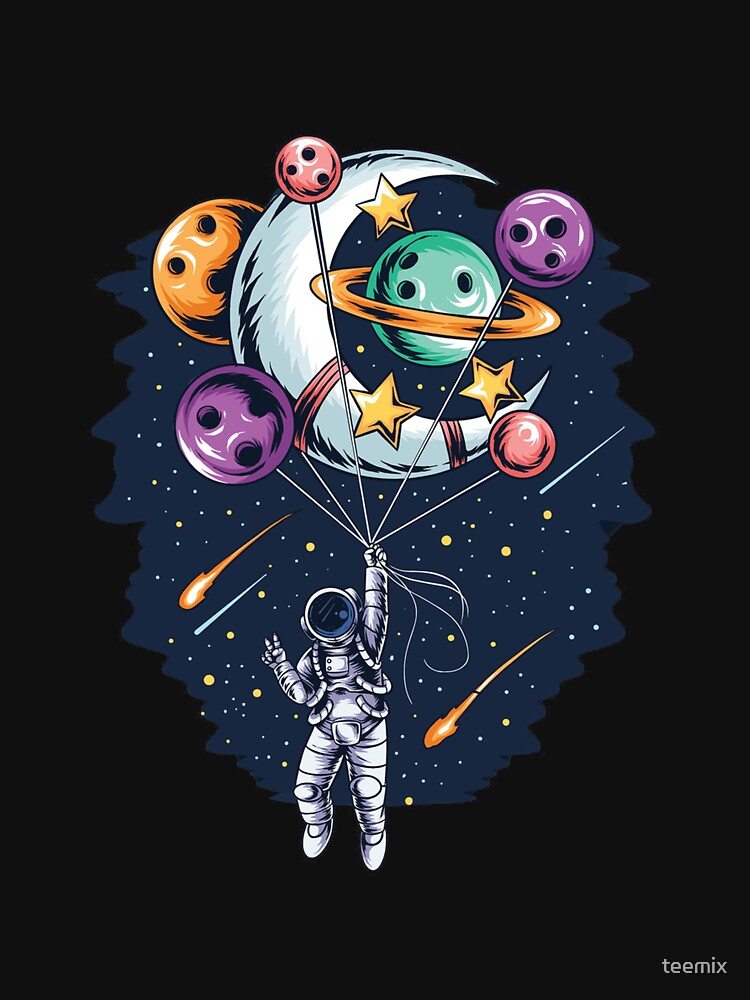 astronaut flies in space with balloon planets and moons vector artwork by teemix