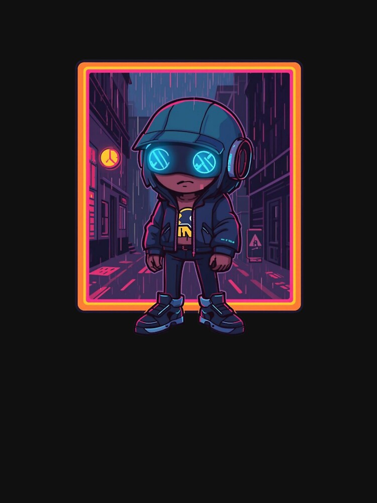 Cyberpunk Night Character Wearing Hoodie and VR Visor in Neon Rainy Alley by KanDa-Shop