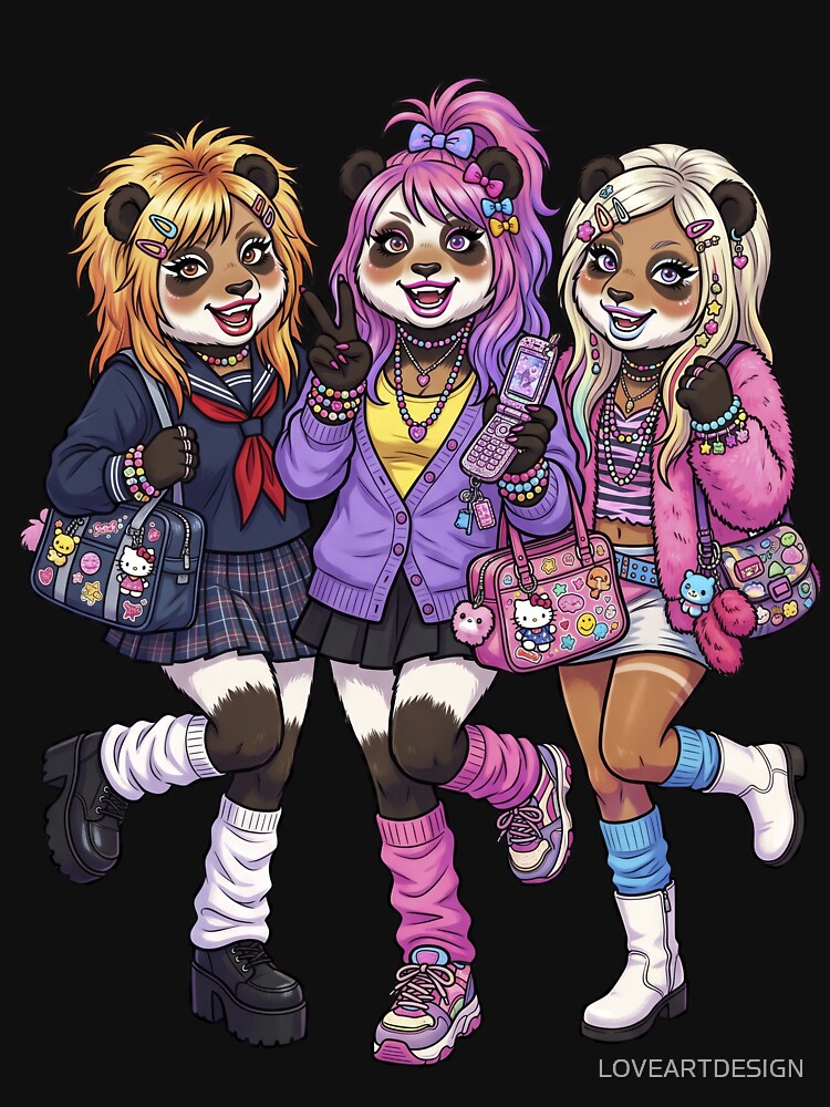 The pandas have transformed into Shibuya “kogal” girls from the 1990s and 2000s.　kawaii by LOVEARTDESIGN