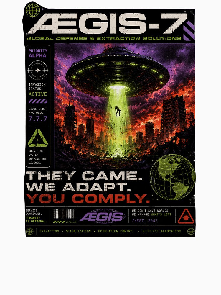 AEGIS-7 Alien Invasion Sci-Fi Dystopian Poster Style T-Shirt by TheClockOutClub