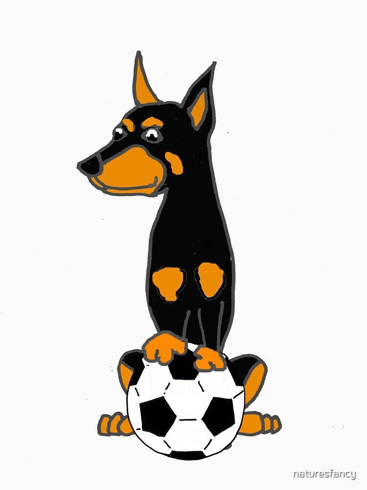 Funny Doberman Pinscher Dog Playing Soccer by Nature's Fancy