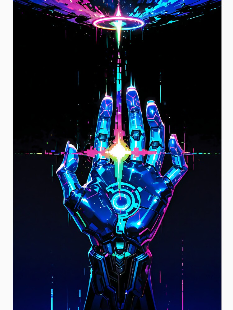 Cybernetic Hand Reaching for Neon Energy Portal – Sci-Fi Tech Glitch Art by Xynith