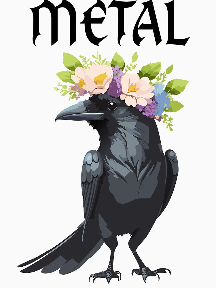 Gothic feminine metal design of crow wearing a flower-crown by Modern-Phantom