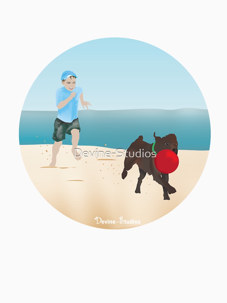 Boy and Dog Playing Ball at the Beach by Devine-Studios