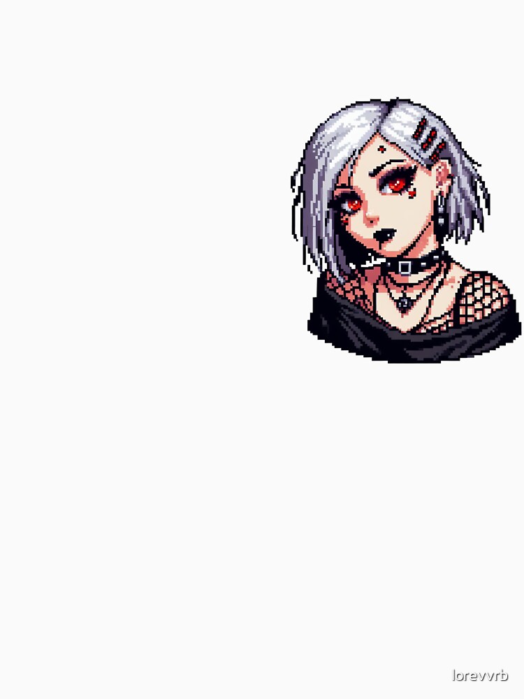 Goth girl with white hair and red eyes, pixelart by Luvrr Pixels