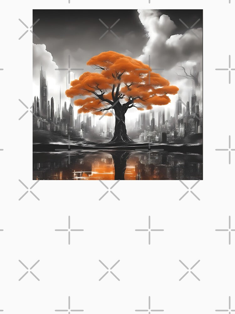 Futuristic City and Lone Tree – Surreal Cyberpunk Nature Art by MystiqSlav