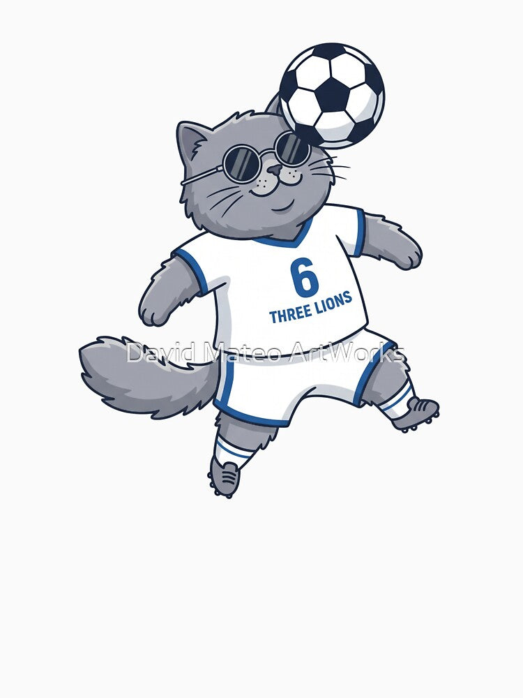 England Soccer Cat Header — Three Lions Number 6 Cartoon by David Mateo ArtWorks