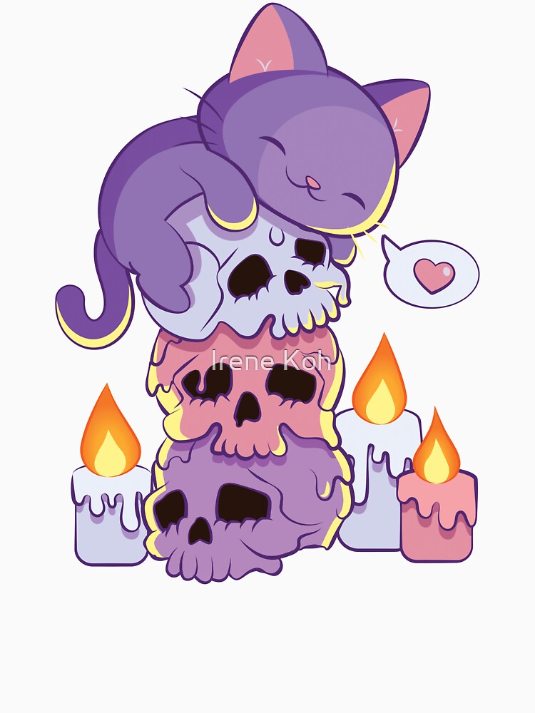 Purple Cat on Skulls Creepy Cute Aesthetic Anime Kawaii Pastel Goth by Irene Koh