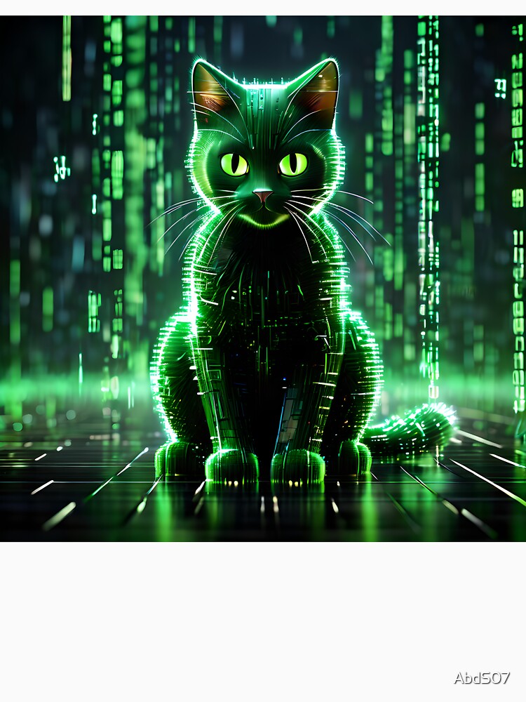 Cyberpunk Digital Cat - Futuristic Neon Matrix Code Feline Art by AbdS07