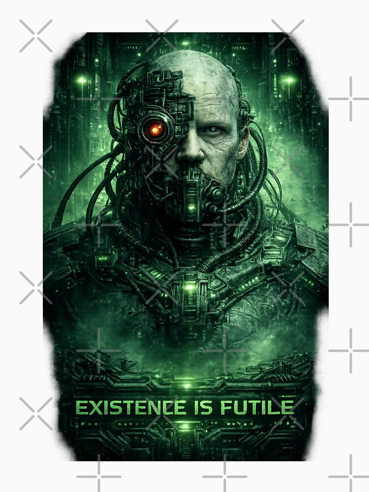 Existence Is Futile Sci-Fi Cyborg T-Shirt by Kevin Shearer