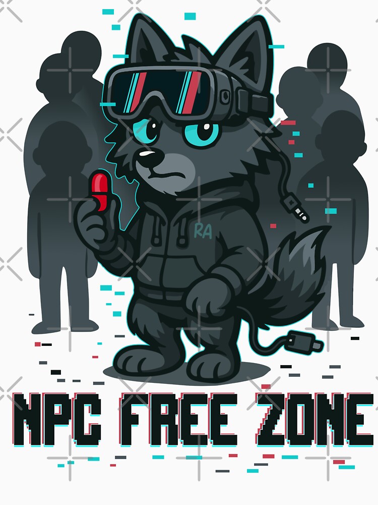 NPC Free Zone – Anti Conformist Wolf with Red Pill and Glitch Style by Rebel Animal