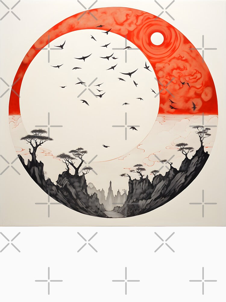 minimalist red sun art print, birds by dcrc