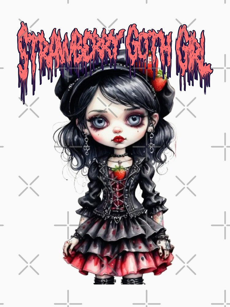 Strawberry Goth Girl with Strawberry Necklace in watercolor paint by EmeraldCauldren