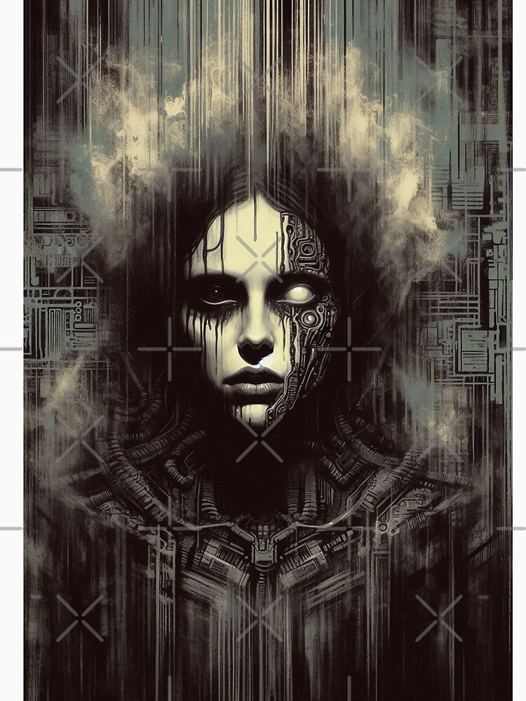 Dark Cybernetic Woman Portrait – Futuristic AI and Human Fusion Art by MarinaFila