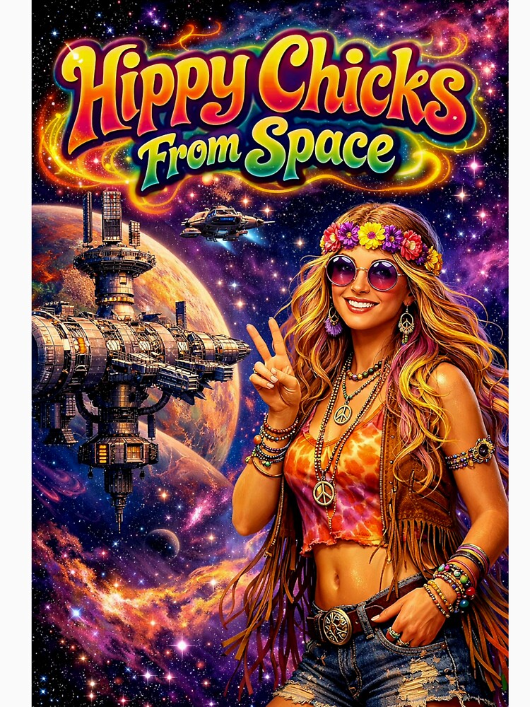 Hippy Chicks From Space - Groovy Space Hippie Girl with Peace Sign & UFO Poster by David Brookes Digital