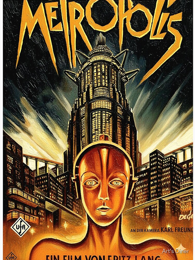 Art Deco Robot Dystopian City Painting | Golden Skyscraper Expressionist Movie Poster | Vintage Sci-Fi by Art's Diner