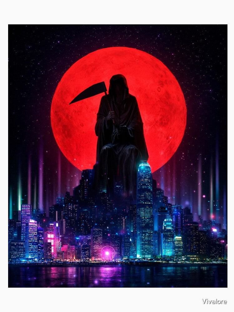 Cyberpunk Moonfall – Neon Figure Over Futuristic City by Vivalore