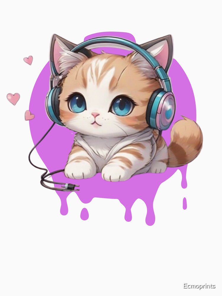 Cute little kitten with headphones in an anime kawaii look by Ecmoprints