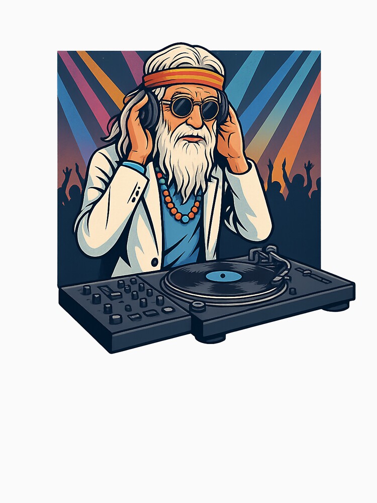 Elderly White Hippie DJ – Retro Vinyl Music Party Design by Lunaria Arts
