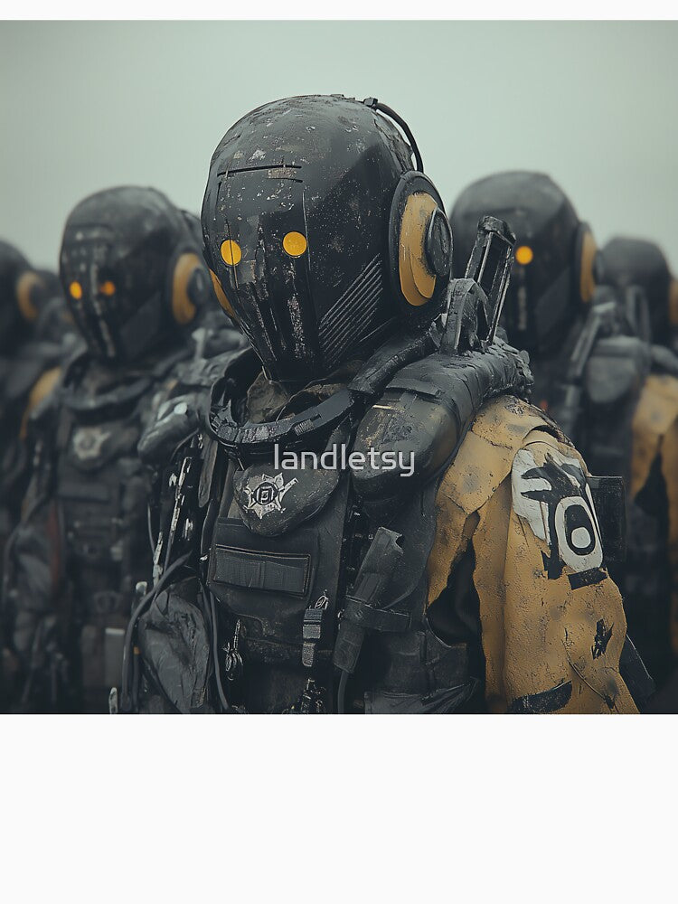 Robotic Soldiers with Yellow Eyes in Battle Armour by landletsy