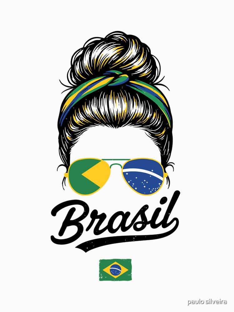 Brazil Pop Art Woman T-Shirt – Vintage Woodcut Brazilian Flag Sunglasses Graphic for Proud Brazil Supporters by paulo silveira
