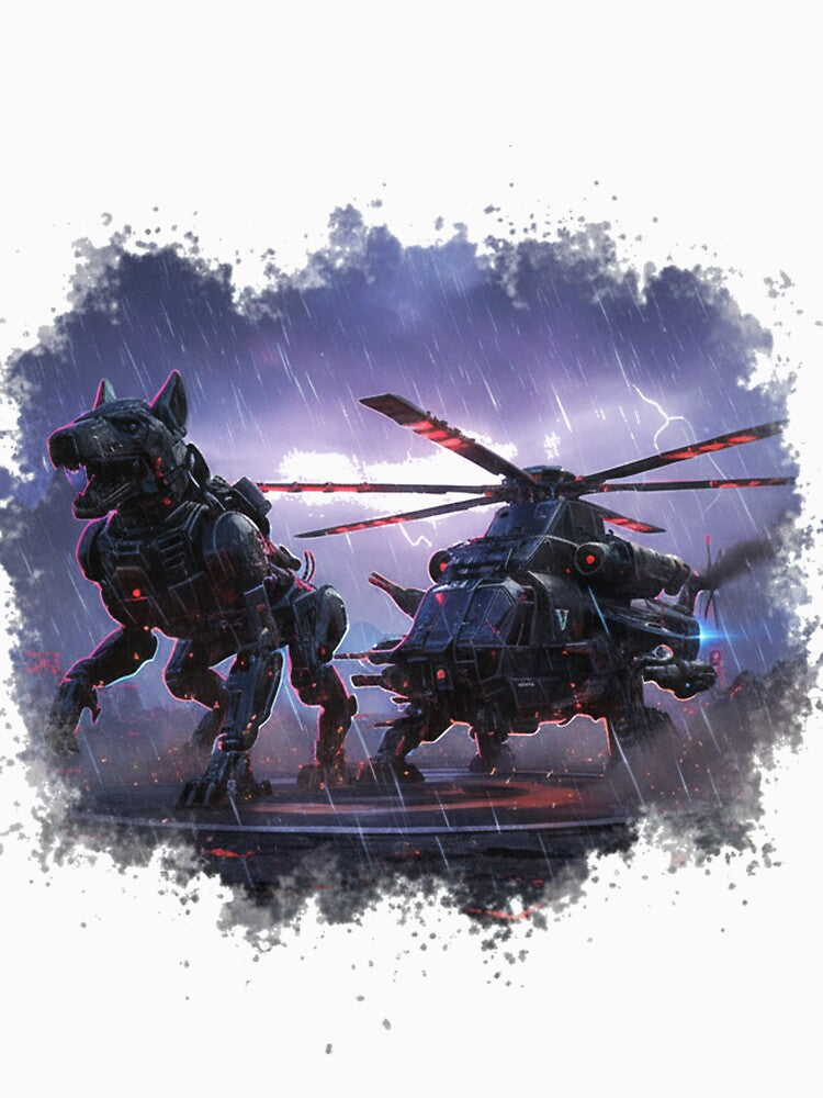 Futuristic Robot Dog & Military Helicopter – Cyberpunk Sci-Fi Design by ValeronPrints