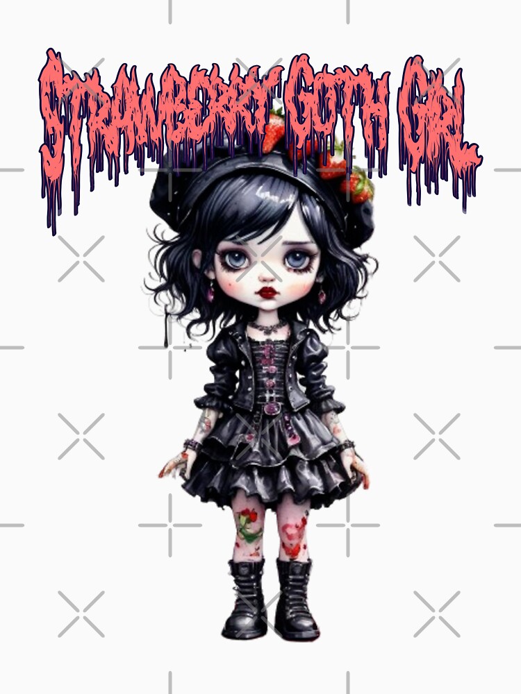 Strawberry Goth Girl wearing Black Beret with strawberries on it in watercolor paint by EmeraldCauldren