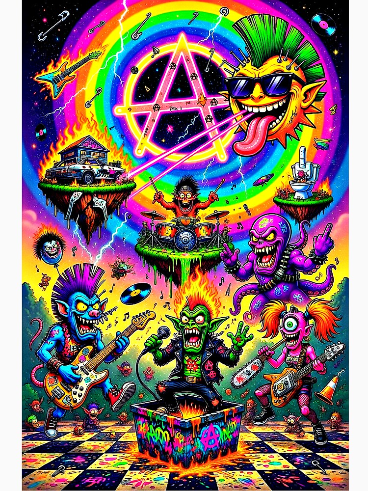 Psychedelic Punk Rock Chaos - Mohawk Monsters Anarchy Symbol Guitar Shredders by David Brookes Digital