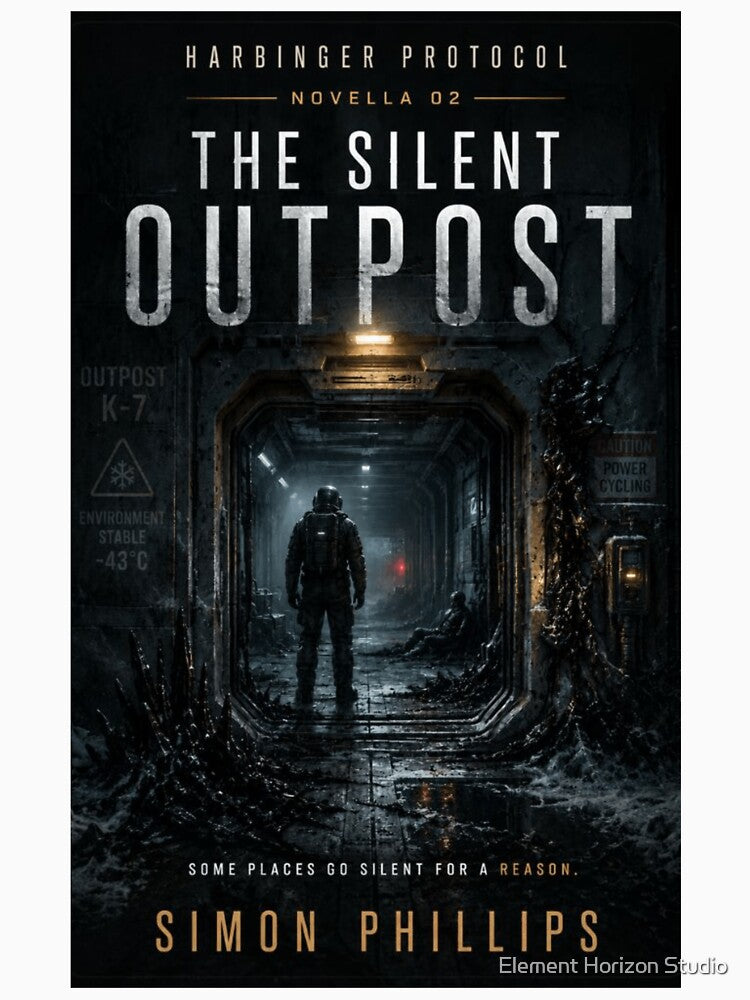 The Silent Outpost Book Cover | Sci-Fi Horror Novella Poster and Dark Space Fiction Art by Element Horizon Studio