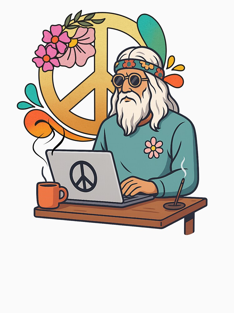 Elderly White Hippie Programmer – Retro Tech Peace Humor Design by Lunaria Arts