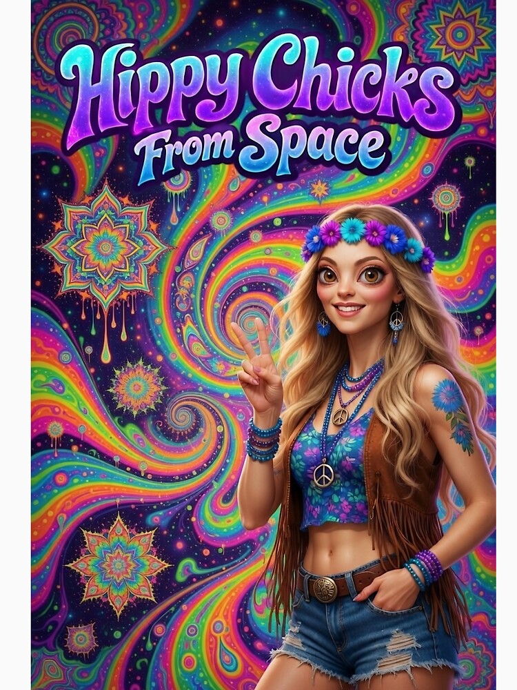 Hippy Chicks From Space - Psychedelic Space Hippie Girl with Peace Sign by David Brookes Digital