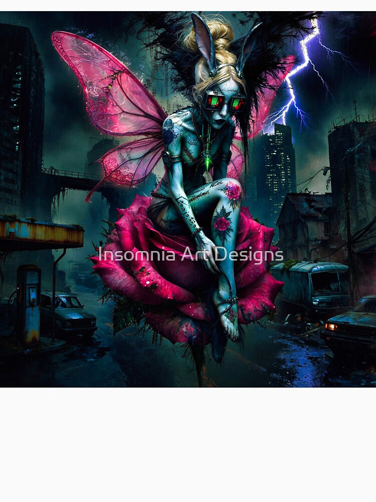 Wings Over Ruin: Cyberpunk Fairy on Giant Rose by Insomnia Art Designs