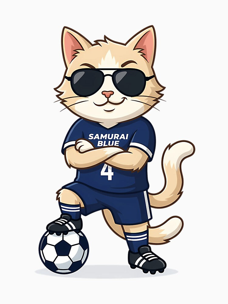Japan Soccer Cat Cool Pose  Samurai Blue Number 4 Cartoon by nolanaygiz