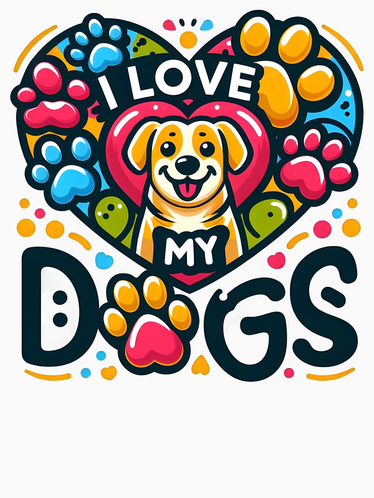 Cute Dog Illustration with "I Love My Dogs" Heart and Paw Prints. by The-T-In-Retro