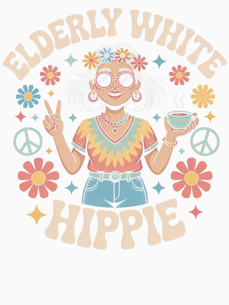 Elderly White Hippie Woman Retro Design – Peace and Love Flower Power Style by PosiMCreations
