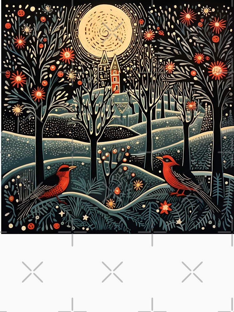 christmas holiday linocut landscape print by dcrc