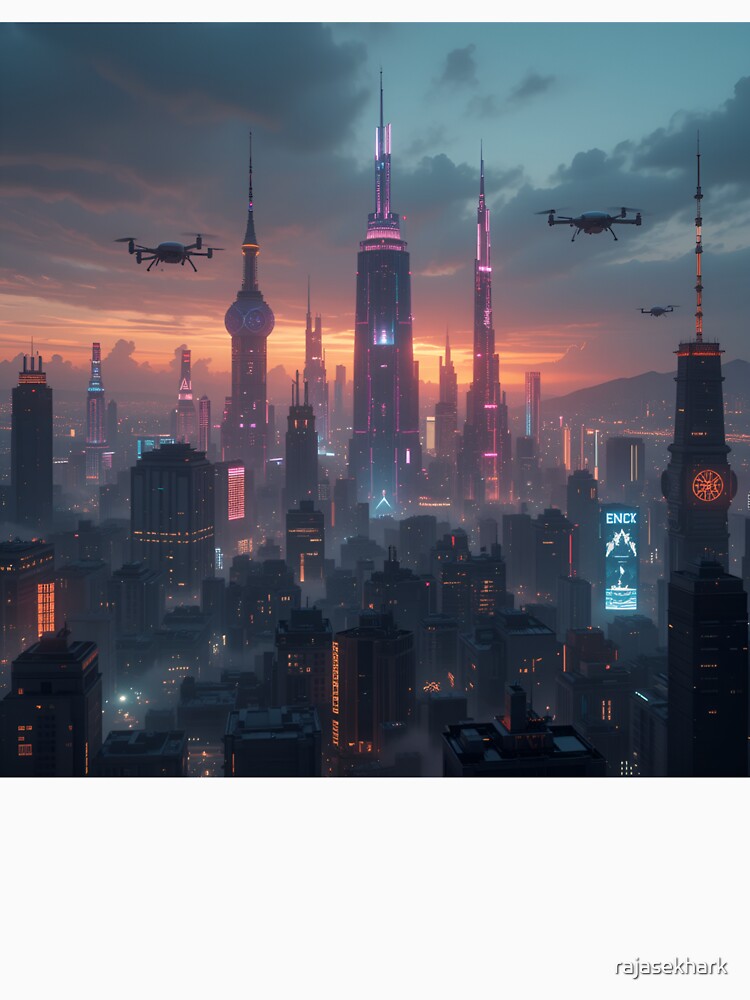 Dystopian Skyline with AI Surveillance & Holograms by rajasekhark