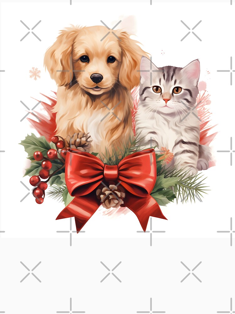 Adorable dog and cat Christmas holiday print by dcrc