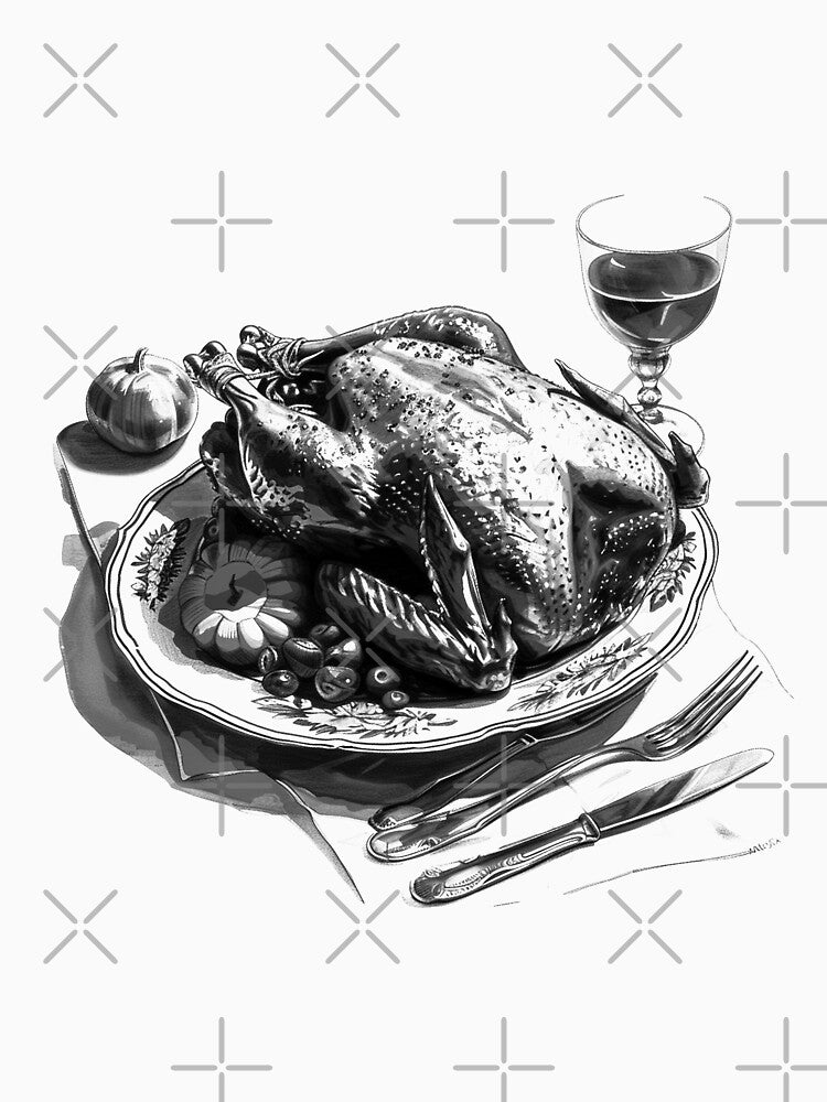 Roast Turkey Dinner – Black and White Holiday Feast Illustration by inkoutninja