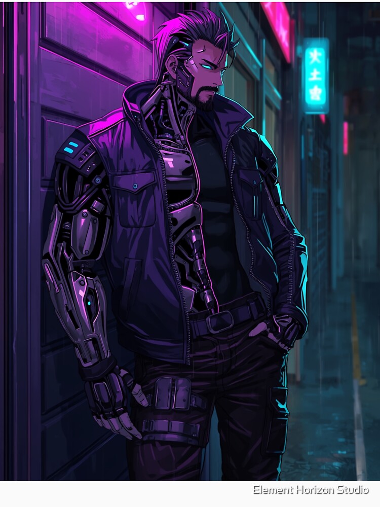 Cyberpunk Augmented Enforcer in Neon Alley Anime Sci-Fi Art by Element Horizon Studio