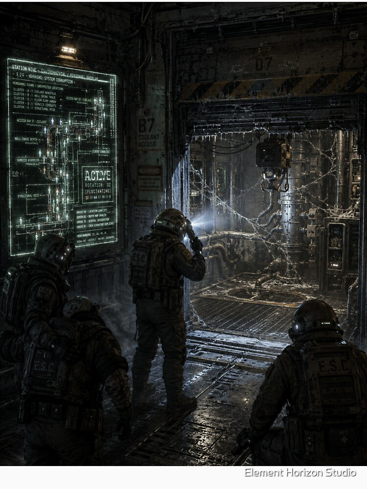 Sci-Fi Maintenance Bay Horror Art | Industrial Space Station Corridor and Hazard Suit Team Print by Element Horizon Studio